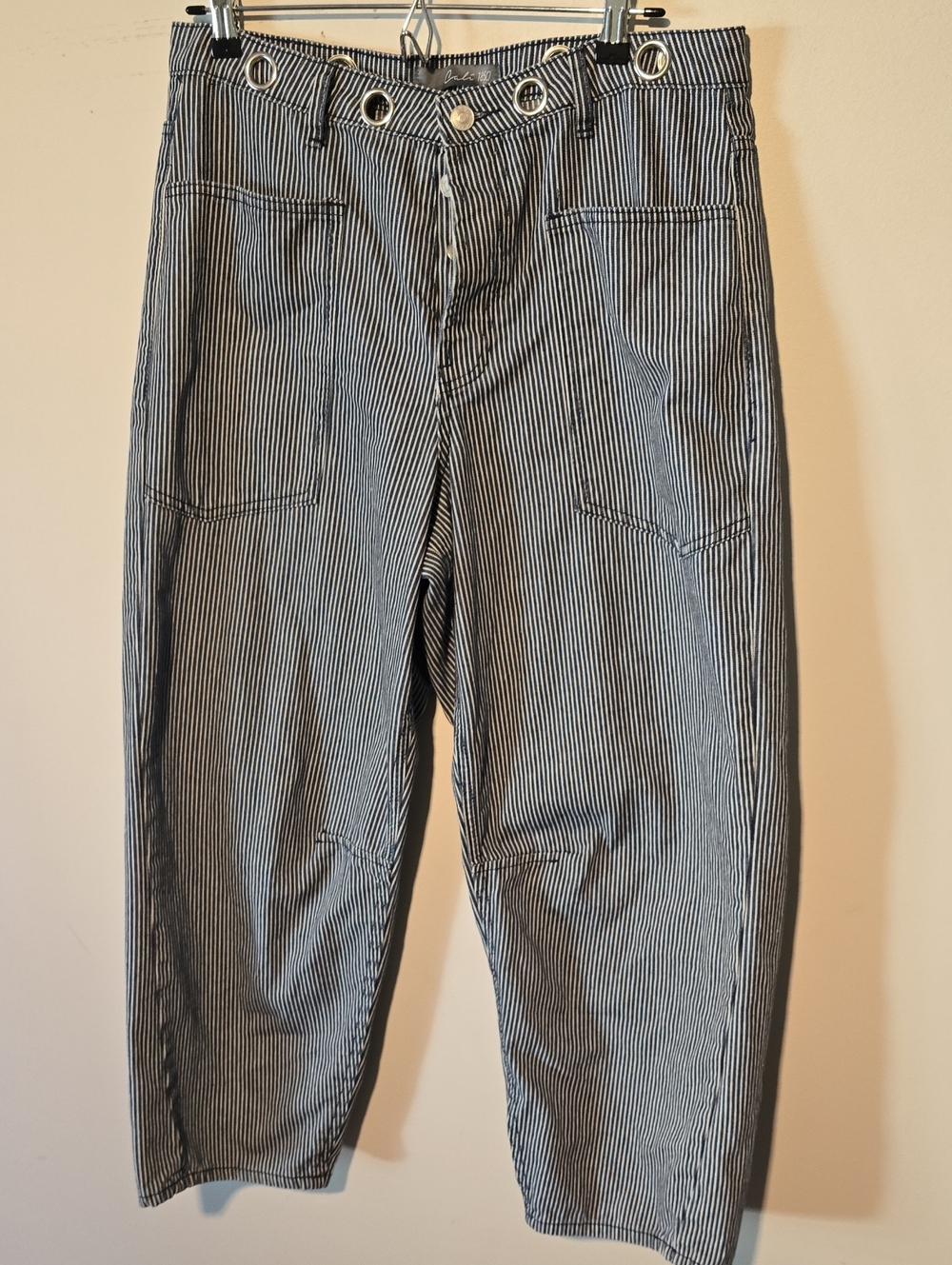 Cali 1850 Pants Women's 32x26.5" Blue Railroad Stripe Wide Leg Barrel Drawstring